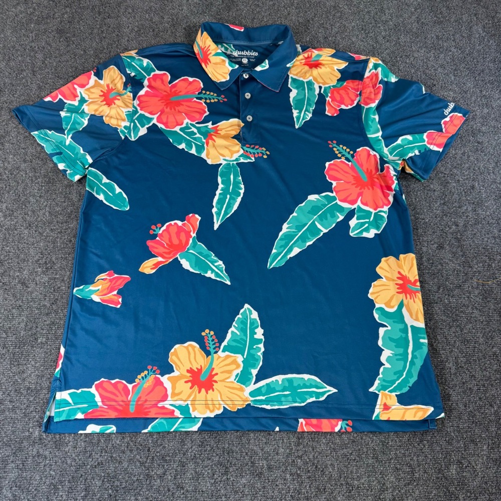 Chubbies Mens XL Tropical Hibiscus Floral Performance Polo Shirt Teal Blue